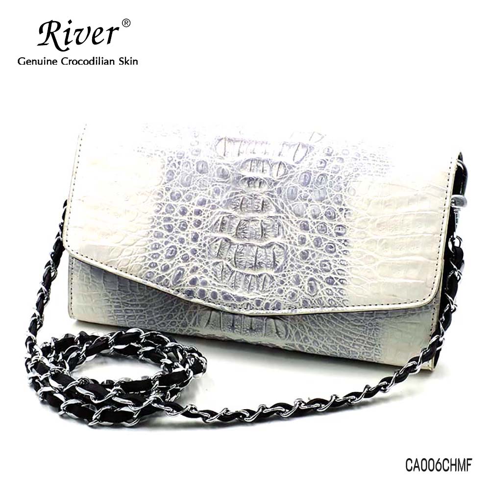 กระเป๋าหนังจระเข้แท้ สะพายข้าง ส่วนโหนก สีขาว