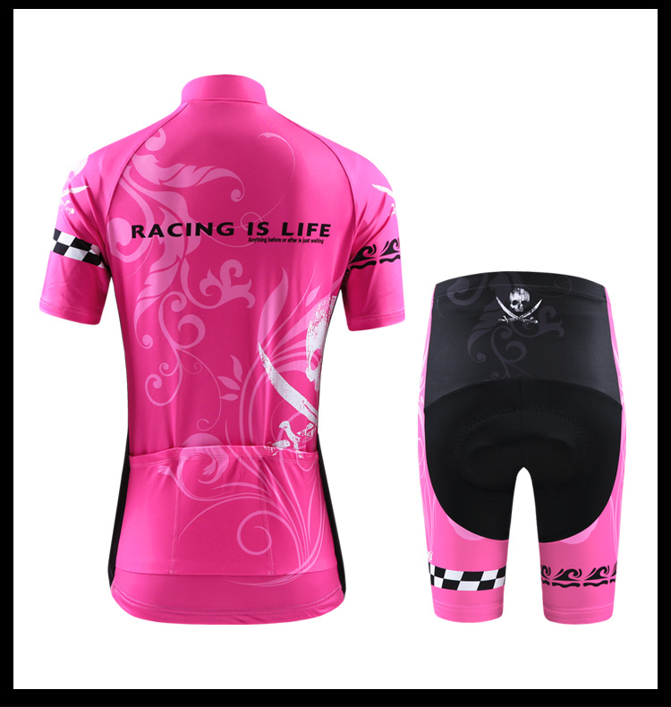 ชุดจักรยานผู้หญิงแขนสั้นขาสั้น CheJi 16 (06) สีชมพู ลายกระโหลก Recing is life