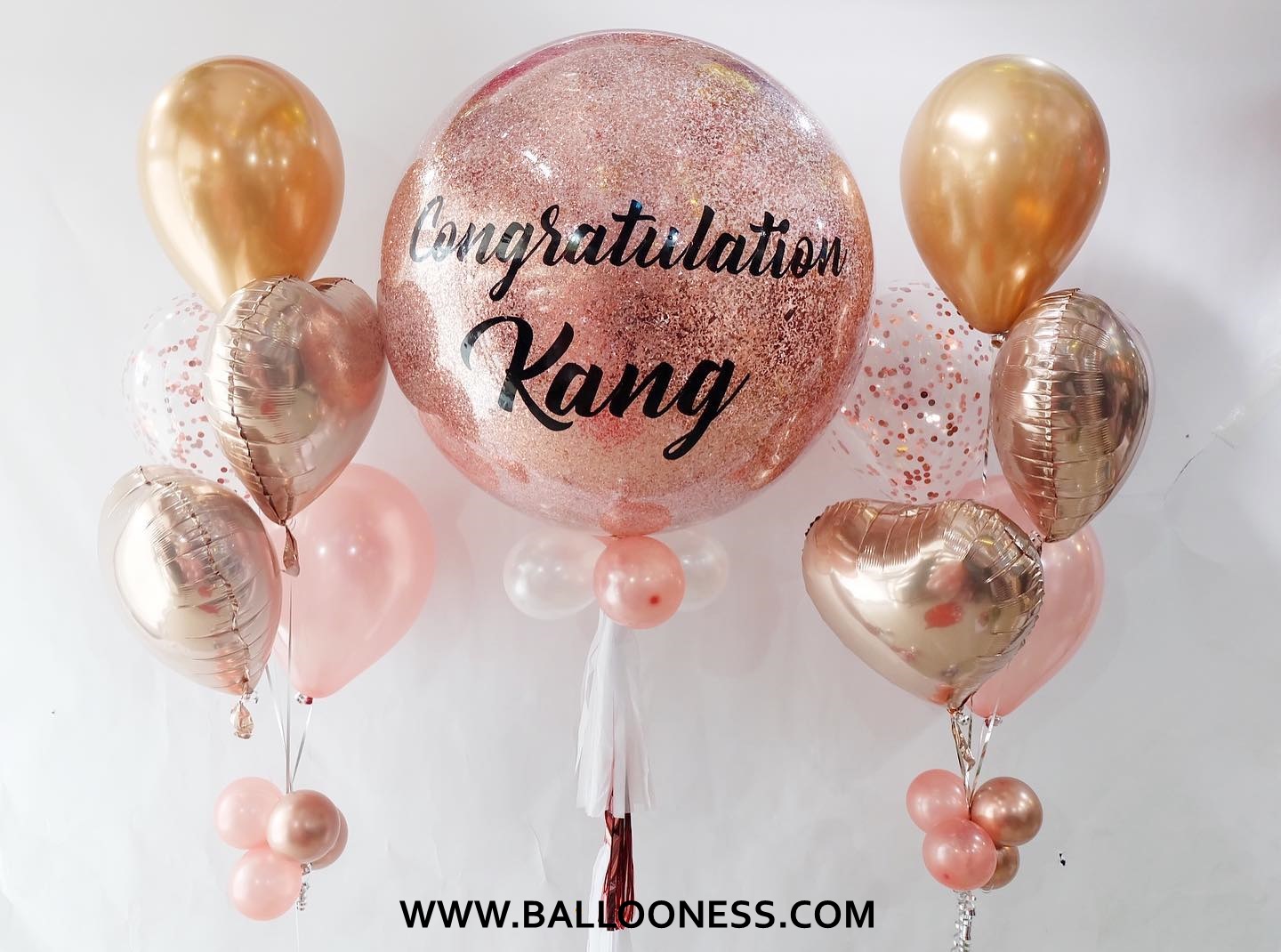 เซ็ตลูกโป่งกลิตเตอร์โรสโกล ขนาด 36 นิ้ว+2ช่อเล็ก+หัวใจ / Set Glitter Rose Gold 36 -inch+2bunch+Heart