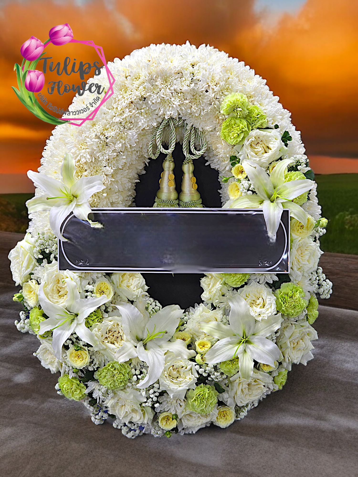 พวงหรีดดอกไม้สด WW0084 ขนาด 90*70 cm ขาวฟ้า 90*70