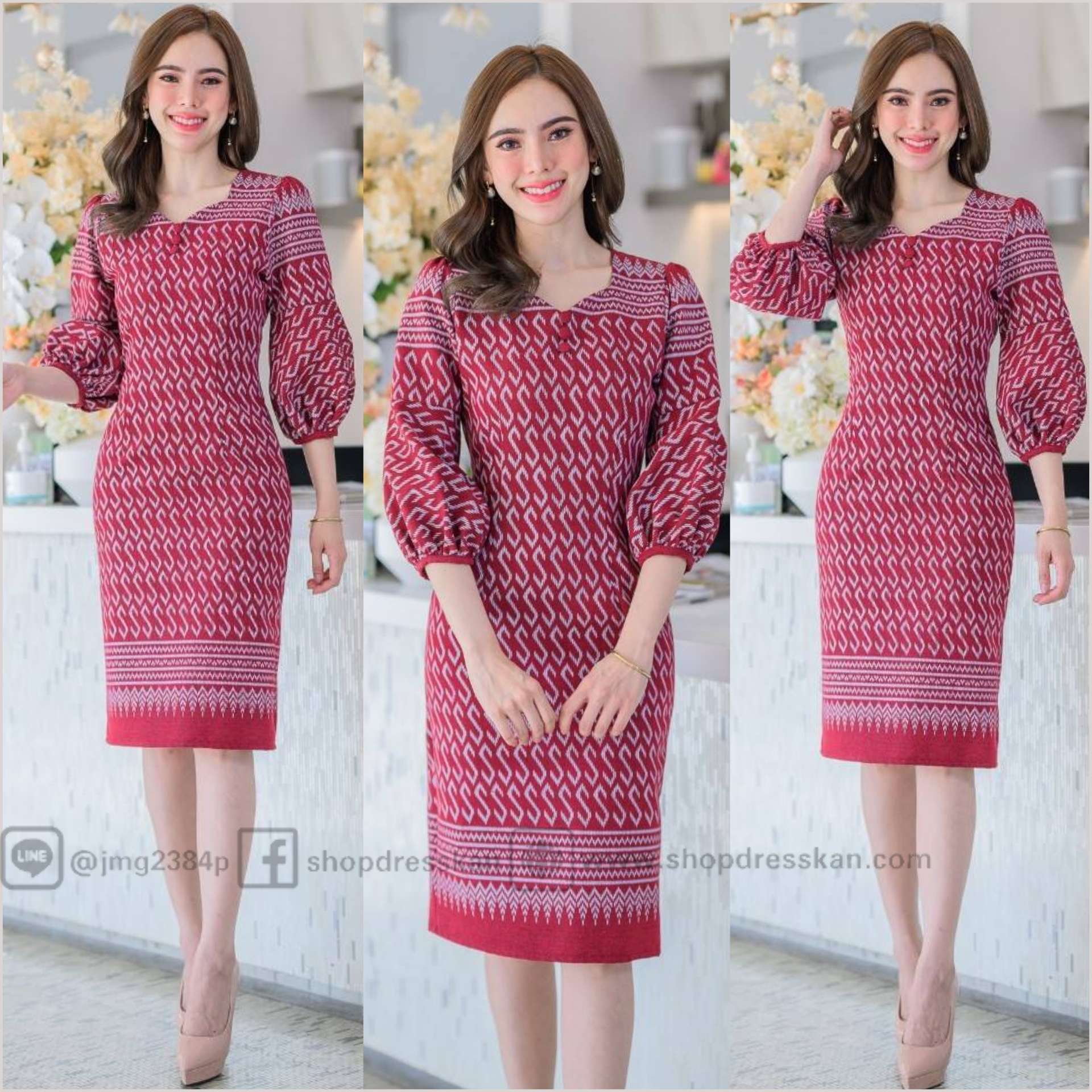 ✔️พร้อมส่ง : [ S-M-LXL-2XL ] :: ชุดเดรสผ้าฝ้ายหมักโคลนพิมพ์ลายไทยขอ คอหัวใจแต่งกระดุมอก ทรงสวย ซิปซ่อนหลัง งานอัดกาวทั้งชุด ใส่ทำงาน ใส่ออกงานสวยๆ