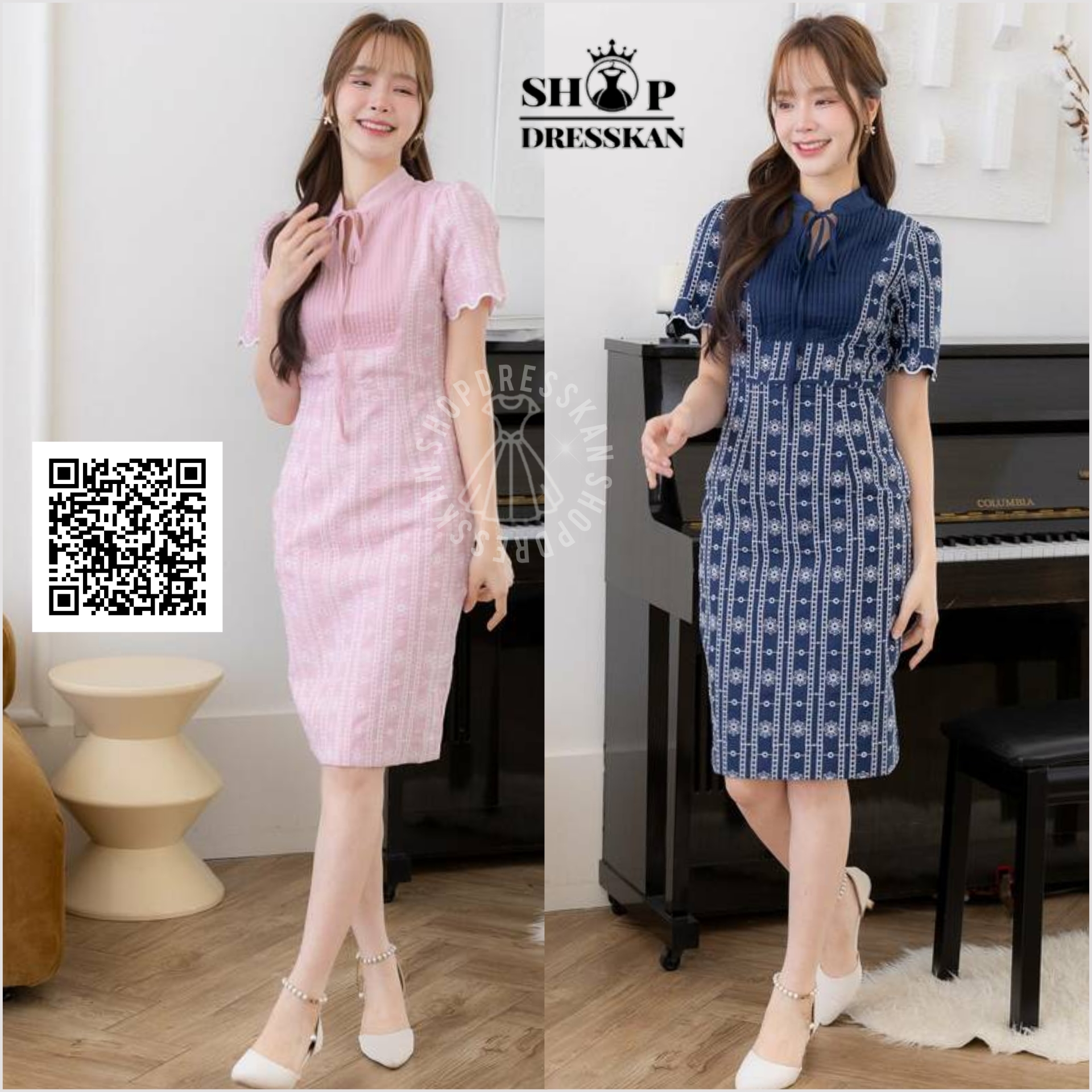 ✔️มีพร้อมส่ง :: ชุดเดรสสั้นงานป้ายคุณภาพ⭐[ S-M-L-XL-2XL-3XL-4XL] :: ชุดเดรสสั้นผ้าฉลุลาย คอจีนผูกโบว์.กระโปรงทรงเข้ารูปสวย ซิปซ่อนหลัง บุซับใน ผ้าเนื้อดีสวมใส่สบาย ใส่ออกงาน ใส่ทำงาน ใส่สวยได้หลายโอกาส