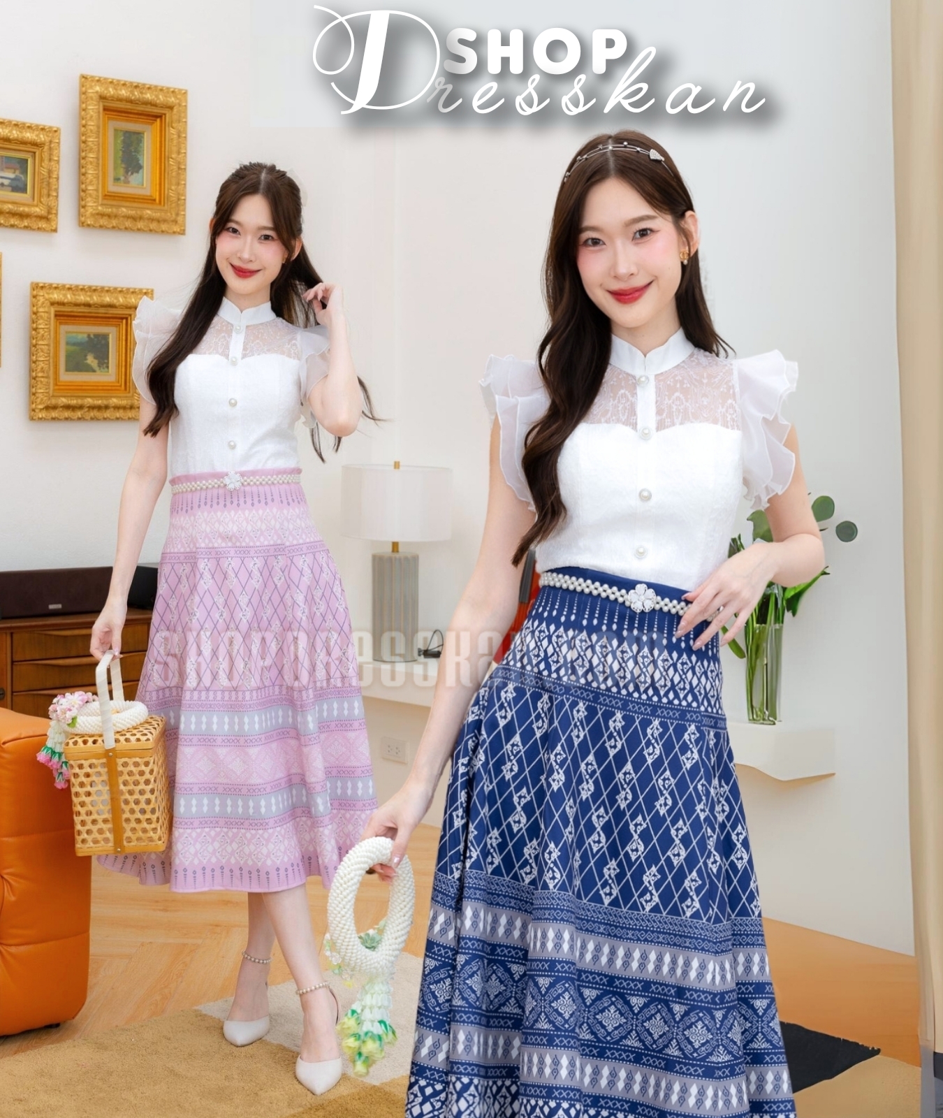 ❌หมดทุกสีทุกไซส์ค่ะ❌⭐มีพร้อมส่ง[ S-M-L-XL ] :: เซ็ต 2 ชิ้น เสื้อลูกไม้เนื้อดี แมทซ์คู่กระโปรงลายไทยทรงบานพริ้วสวย ซิปหลัง เนื้อผ้าเกรดดีสวมใส่สบาย ใส่สวยได้หลายโอกาส