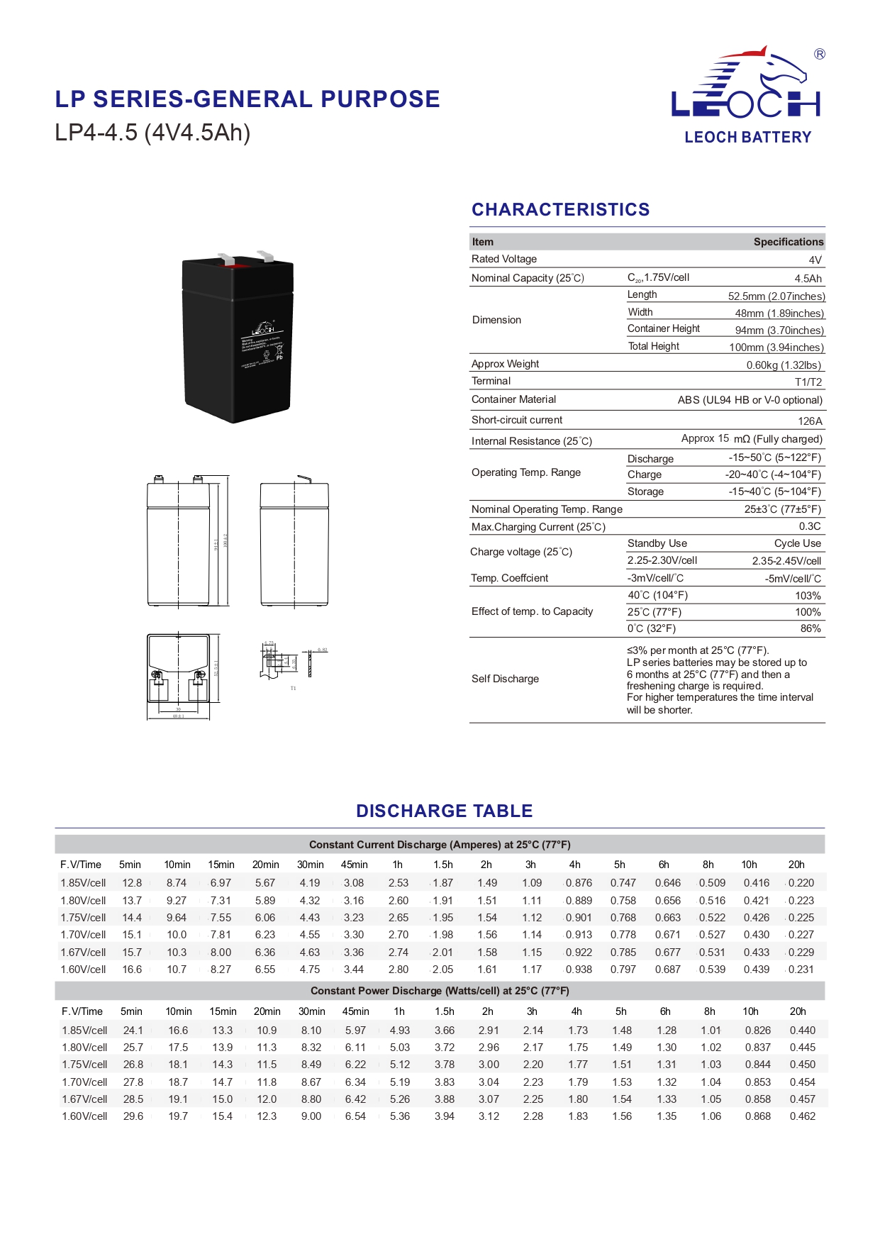 Leoch Battery LP4-4.5 (4V4.5AH) แบตเตอรี่แห้ง ตาชั่ง เครื่องชั่ง (แบตแห้ง)