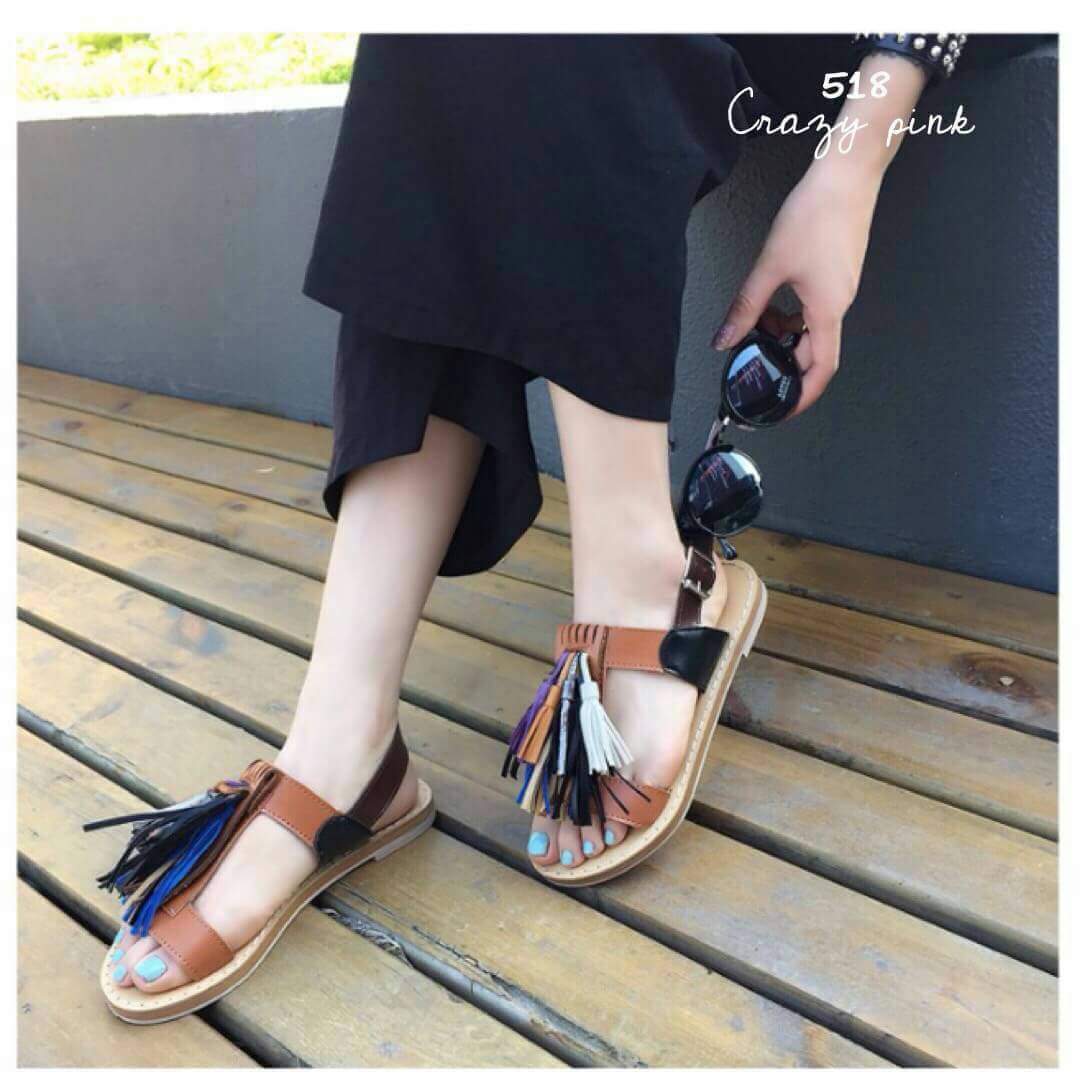 รองเท้าแตะสินค้านำเข้า หนังpu แต่งพู่มีสายรัดข้อ