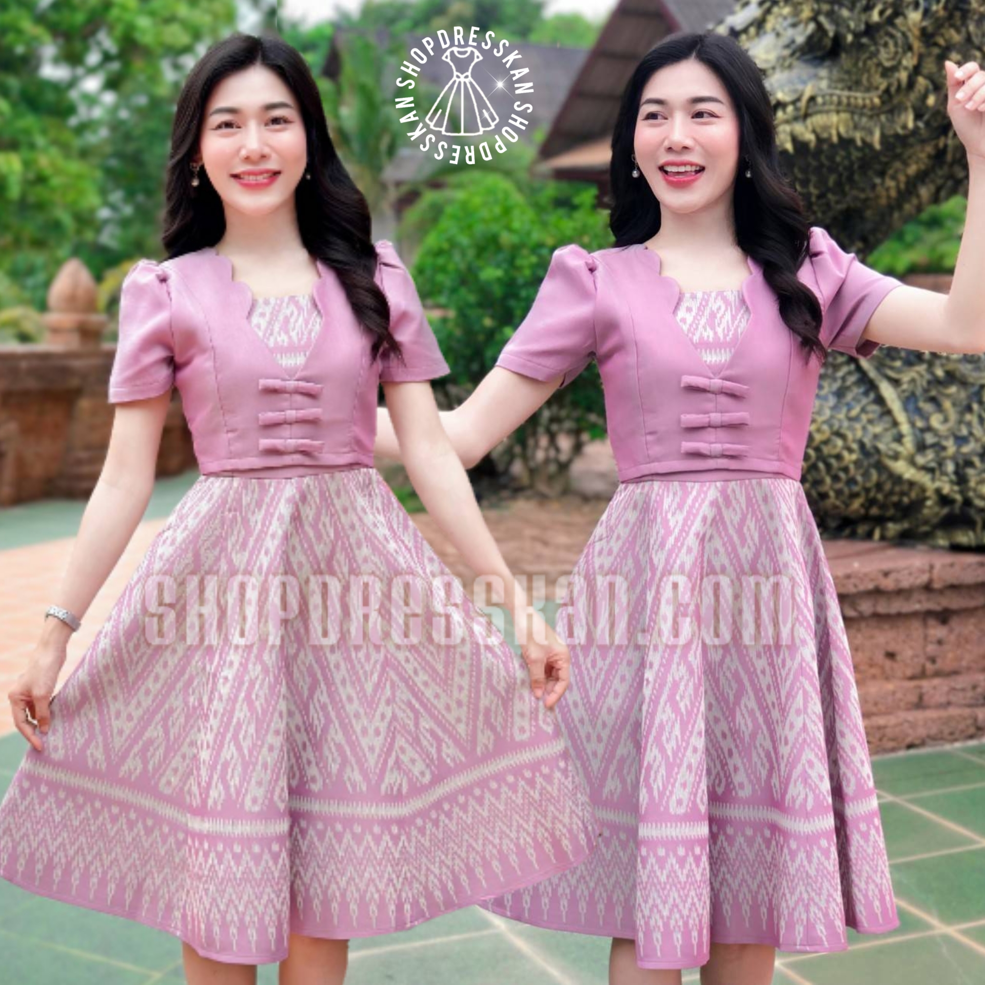 ❌หมดทุกไซส์ค่ะ❌: [ S-M-L-XL-2XL ] :: ชุดเดรสผ้ามัดหมี่ทอลายไทย ดีเทลคอระบายหยักแต่งกระดุมจีน ตัดต่อกระโปรงทรงบาน8ชิ้น ซิปซ่อนหลัง งานอัดกาวทั้งชุด ใส่ทำงาน ใส่ออกงานสวยๆ