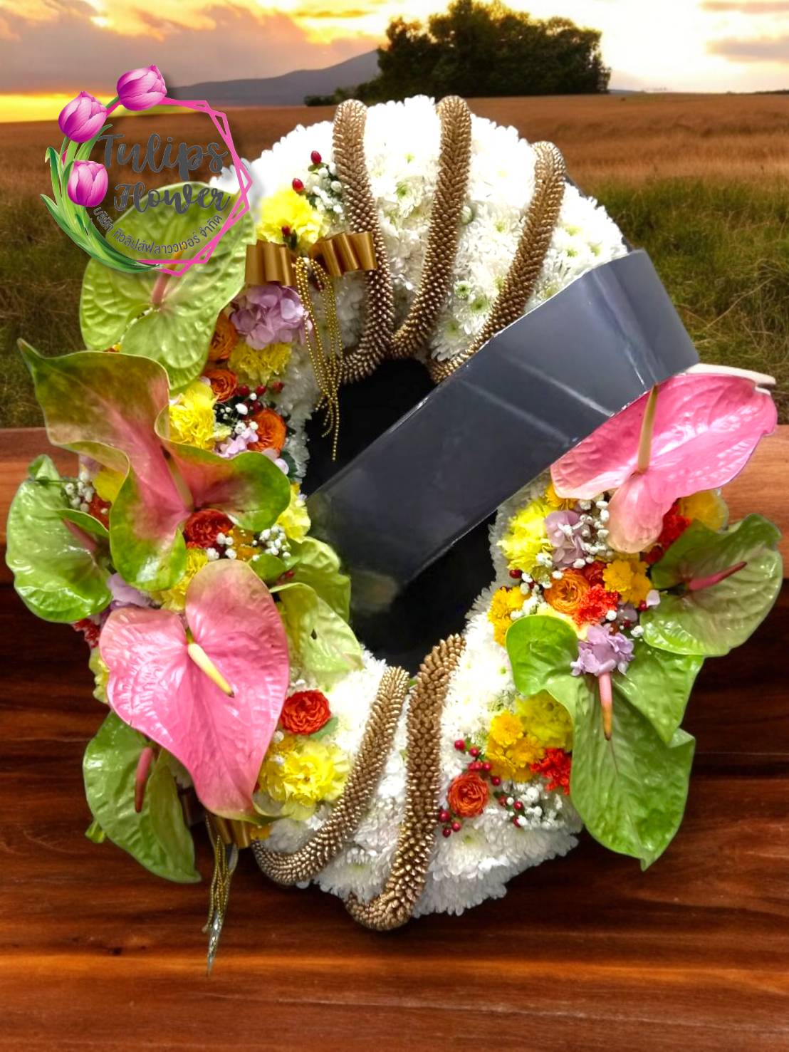 พวงหรีดดอกไม้สด WW0087 ขนาด 80*60 ขาวเขียวเหลืองส้ม 80*60
