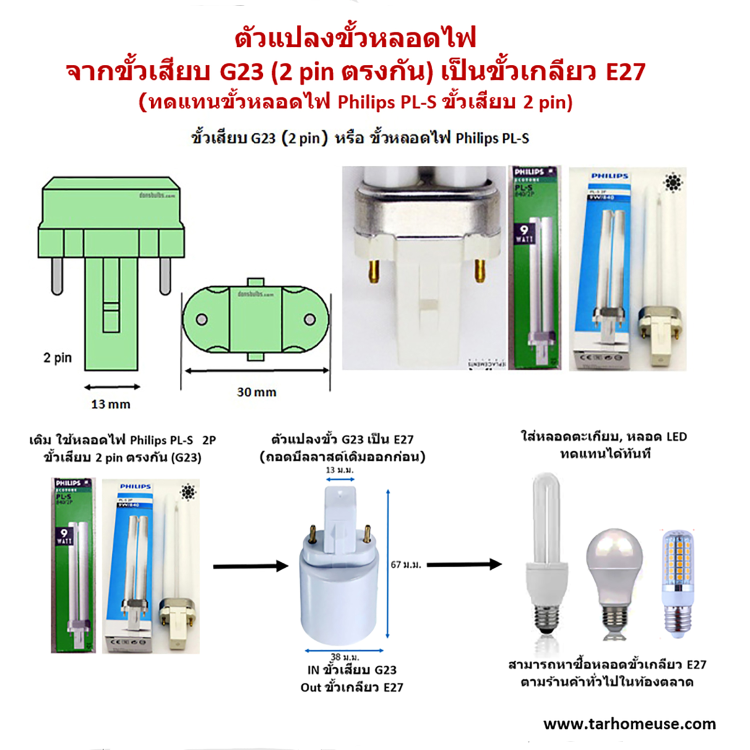 ตัวแปลงขั้วหลอดไฟ จากขั้วเสียบ G23 (Philips PL-S 2p) เป็นขั้วเกลียว E27