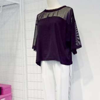 YYC เสื้อยืดคอกลมแขน 5 ส่วน ต่อด้านบนด้วยผ้าซีทรูสวยหรู (สีดำ) รุ่น 2058