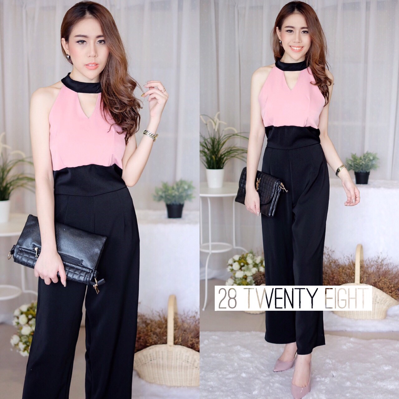 จั๊มสูทแขนกุด แต่งทูโทนสองสี