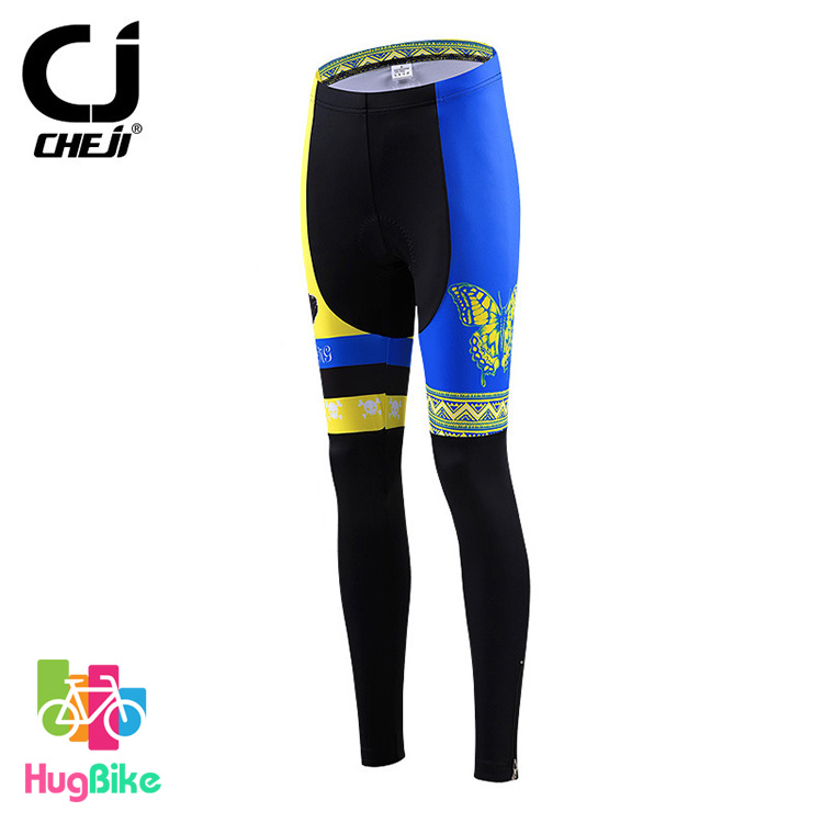 กางเกงจักรยานผู้หญิงขายาว CheJi 15 (10) สีเหลืองน้ำเงิน ลายผีเสื้อ