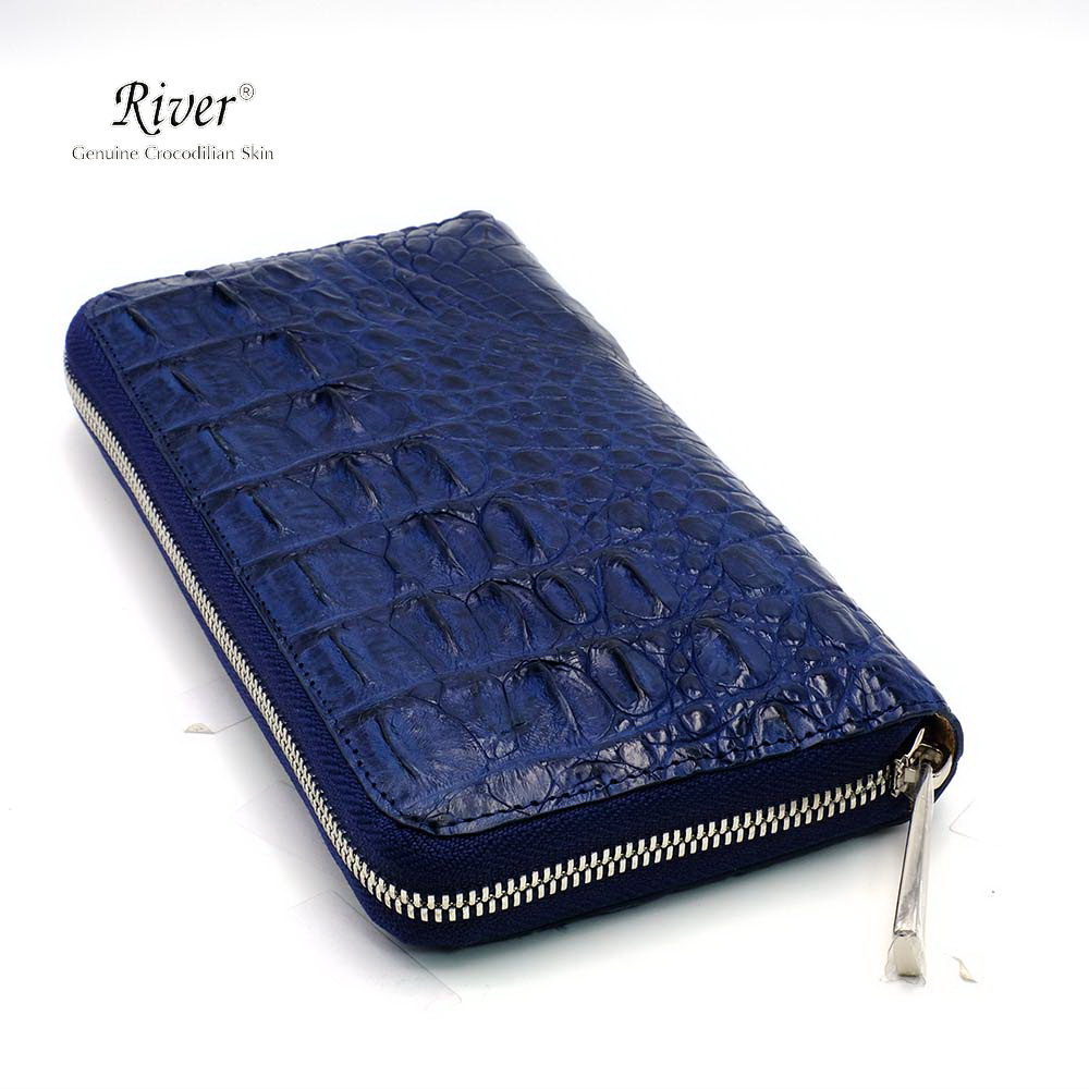 กระเป๋าสตางค์หนังจระเข้แท้ ส่วนกระดูก สีน้ำเงิน ซิปเดี่ยว