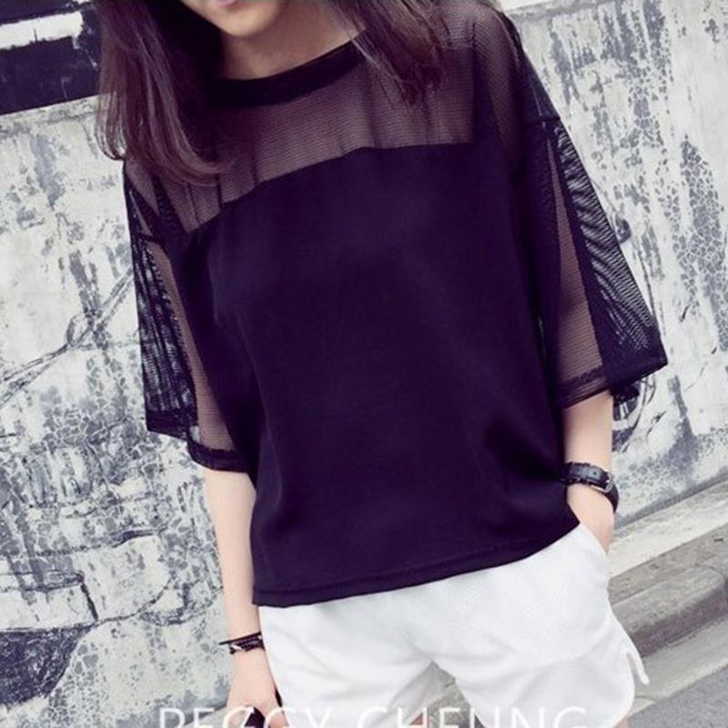 YYC เสื้อยืดคอกลมแขน 5 ส่วน ต่อด้านบนด้วยผ้าซีทรูสวยหรู (สีดำ) รุ่น 2058