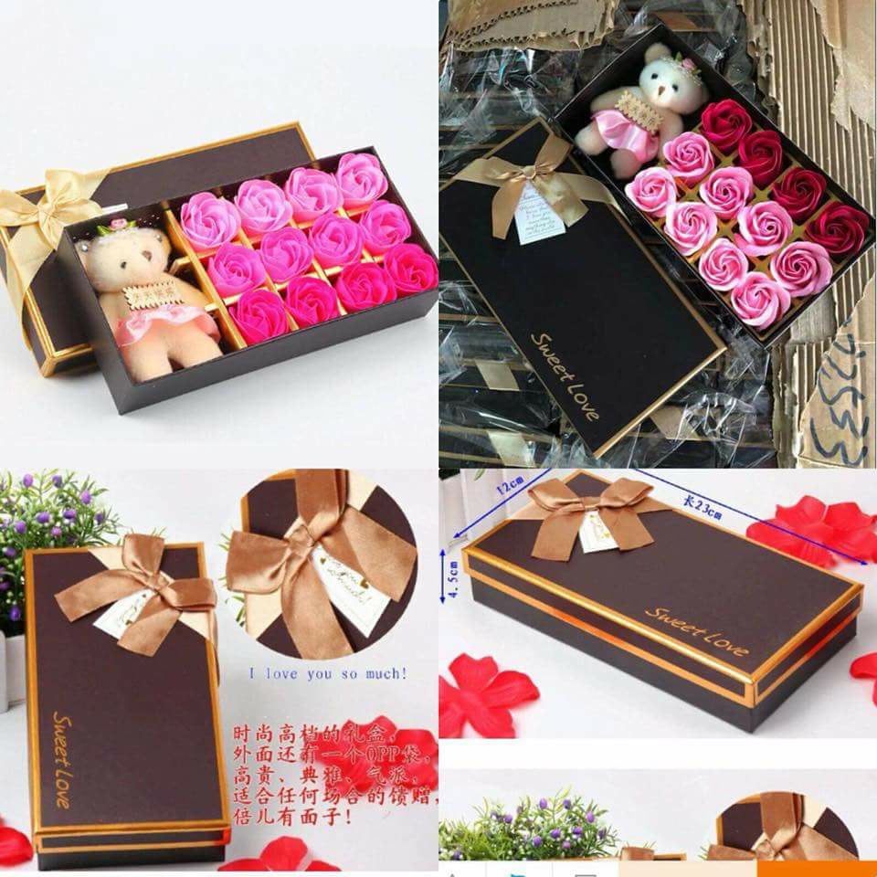 box ตุ๊กตาหมี กับ กุหลาบ 12 ดอก
