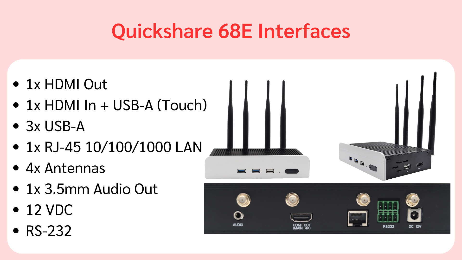 Quickshare 68E มี HDMI Out 1 ช่อง, HDMI In 1 ช่อง, USB-A 3 ช่อง, RJ-45 10/100 1 ช่อง, เสาอากาศ 4 ต้น, 3.5mm Audio Out 1 ช่อง, 12VDC, RS-232