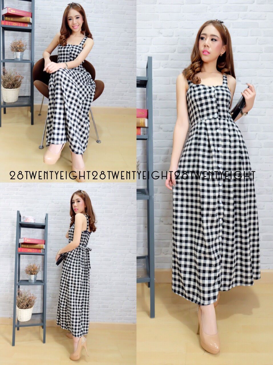 เดรสลายสก๊อต ทรงยาวติดกระดุมเรียงด้านหน้าสม็อคหลัง