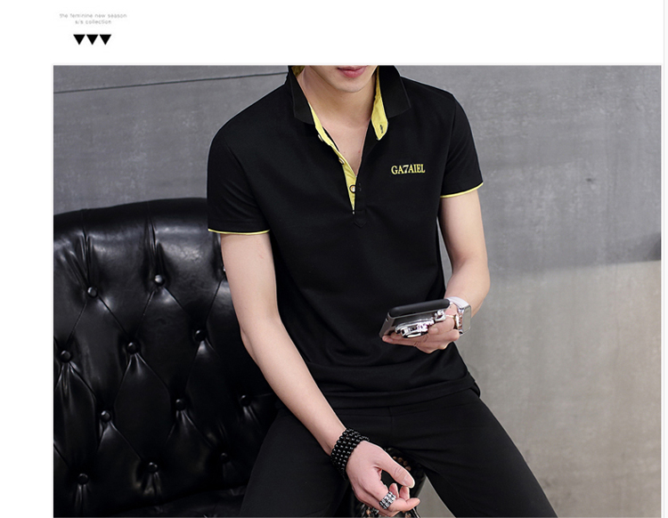 เสื้อโปโลชายเสื้อยืดสลิมหนุ่มปก (สีน้ำเงินเข้มสีส้มคอ)