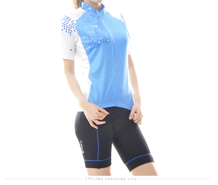ชุดจักรยานผู้หญิงแขนสั้นขาสั้น CheJi 14 (01) สีฟ้าขาว