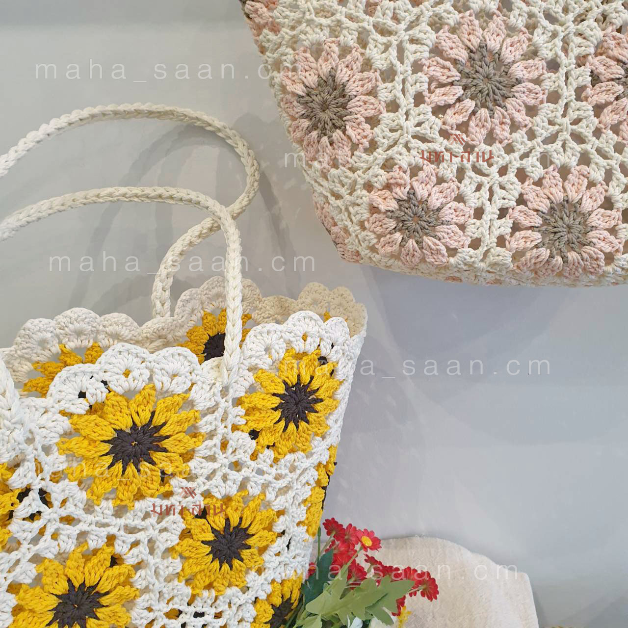 กระเป๋าถักเชือกฟอก ลายดอกไม้ สะพายไหล่ สไตล์มินิมอล พร้อมส่ง 🌻 Crochet Sunflower Bag