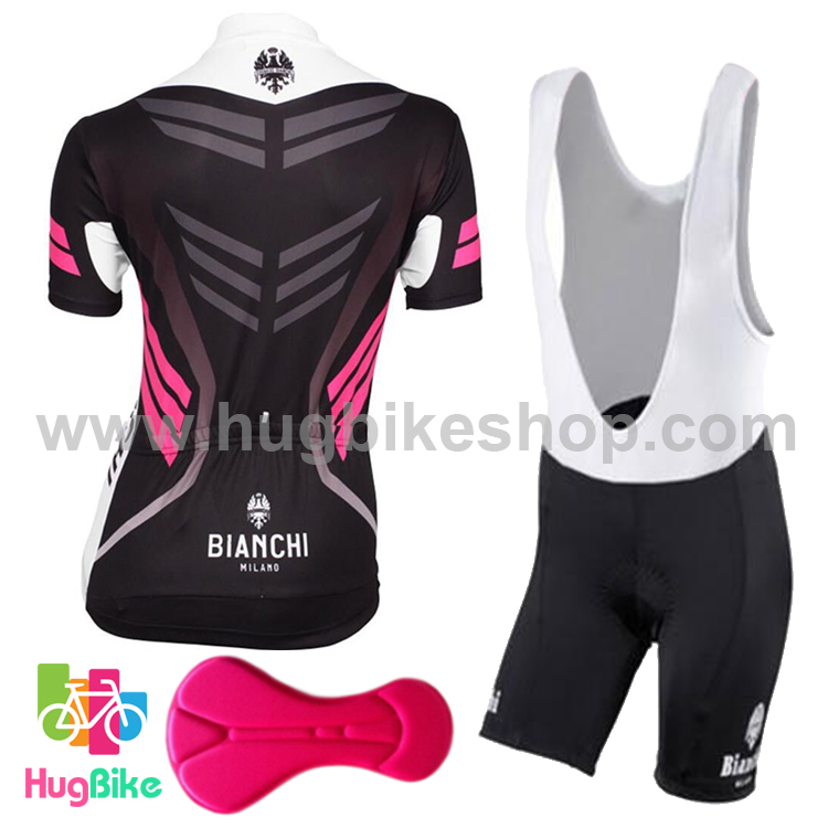 ชุดจักรยานผู้หญิงแขนสั้นขาสั้น Bianchi 17 (01) สีดำขาวชมพู กางเกงเอี๊ยม