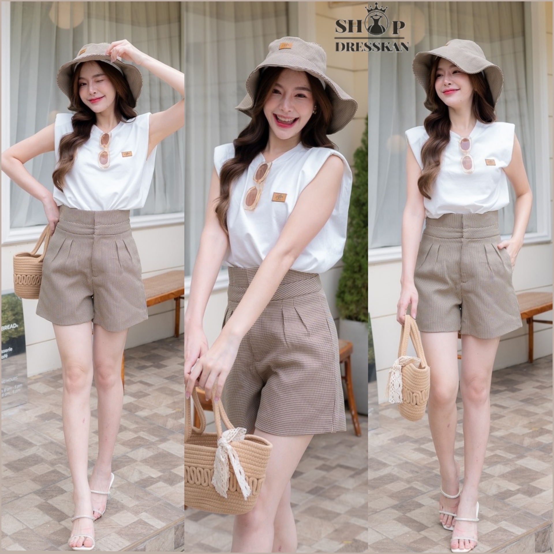 ❌หมดทุกไซส์ค่ะ❌ : ชุดเซ็ท2ชิ้นงานป้ายคุณภาพ⭐[ S-M-L-XL ] :: เซ็ต 3 ชิ้น เสื้อแขนกุด(มีหองน้ำเสริมไหล่) แมทซ์เข้ากับกางเกงขาสั้นและหมวกลายชิโนริสีน้ำตาล ดีไซน์สวยสดใสน่ารัก ผ้าเนื้อดีกรดดี ใส่สวยได้หลายโอกาส