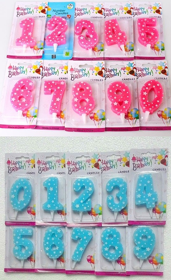 เทียนตัวเลขวันเกิดลายดาว มีสีชมพู/ฟ้า