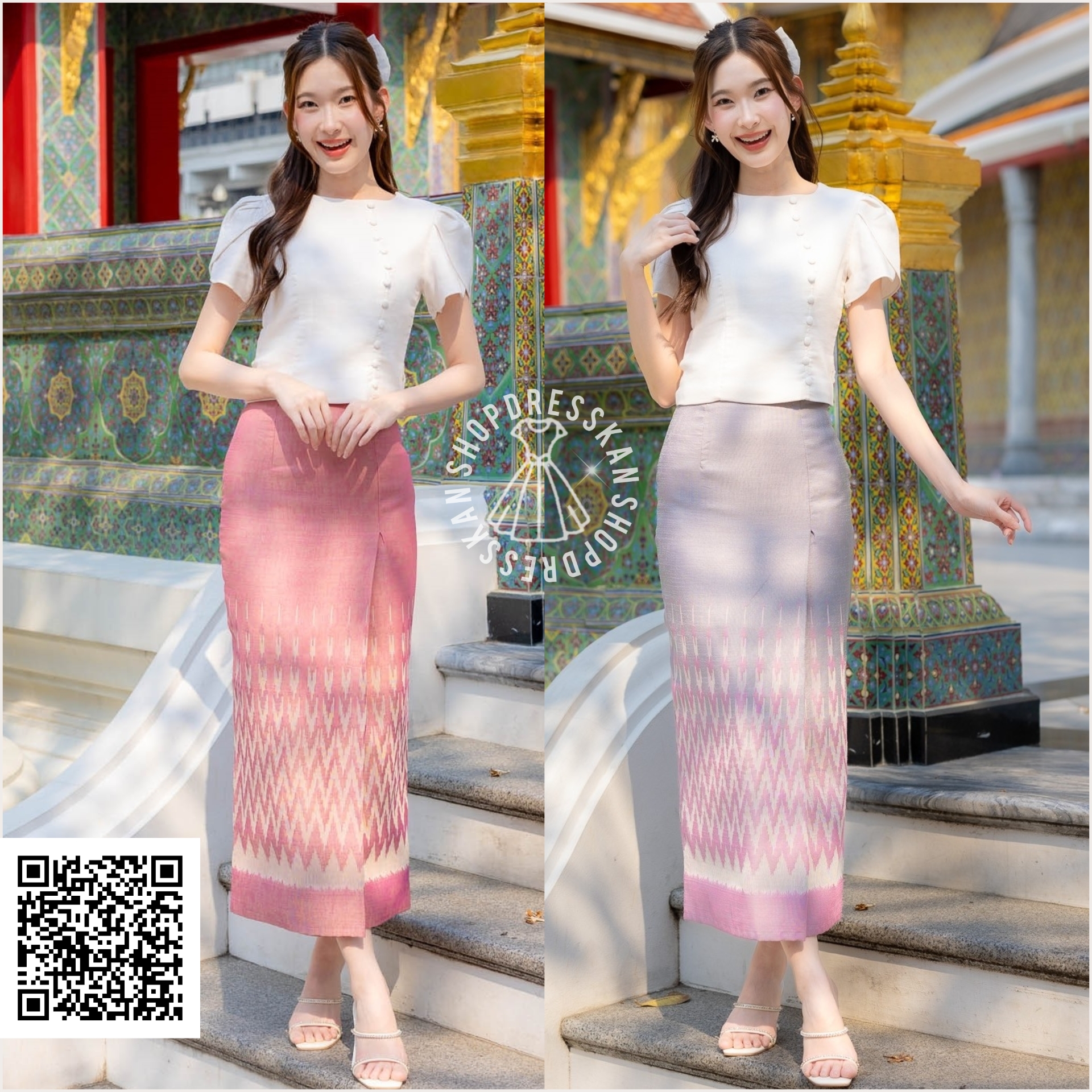 ❌หมดค่ะ❌⭐ขุดเดรสผ้าไทยประยุกต์งานป้ายคุณภาพ :: [ S-M-L-XL ] :: เซ็ต 2 ชิ้น เสื้อผ้าฝ้าย แขนกลีบบัว แมทเข้ากับกระโปรงยาวผ้าลายไทยทรงมัดหมี่ป้ายหน้า ใส่สวยพรางหุ่น ซิปหลัง บุซับใน ใส่ออกงานสวยๆ