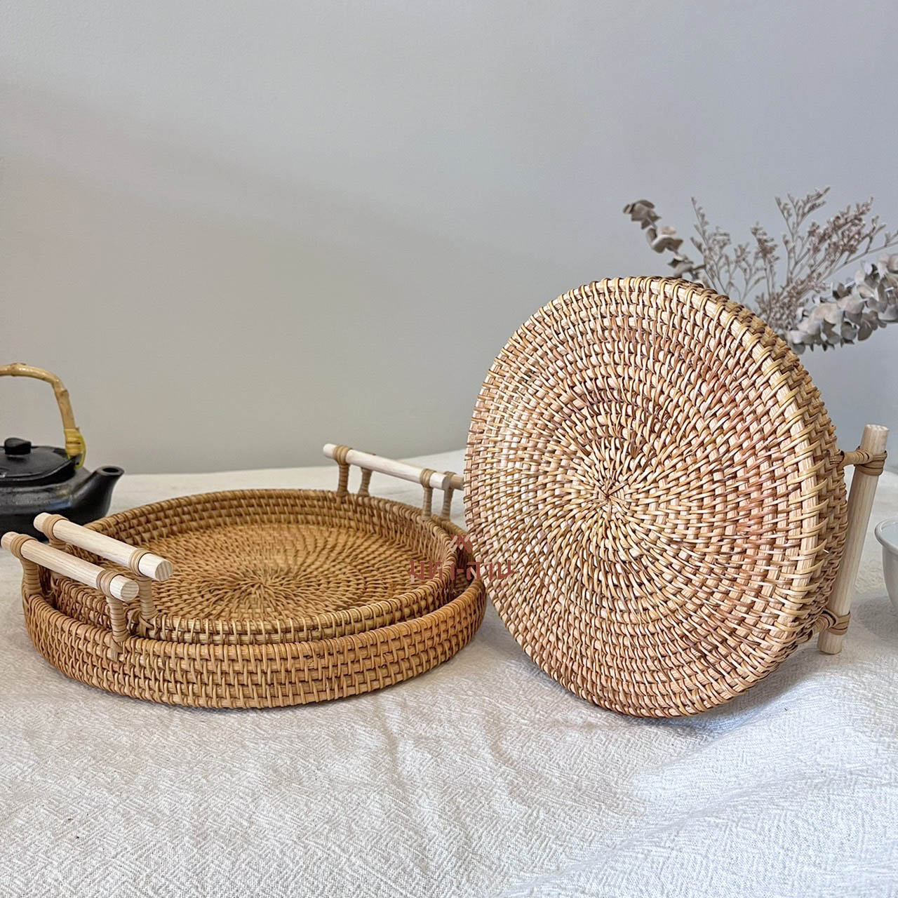 ถาดหวาย กระจาดสานหวาย ทรงกลม มีหูหิ้ว rattan tray🤎