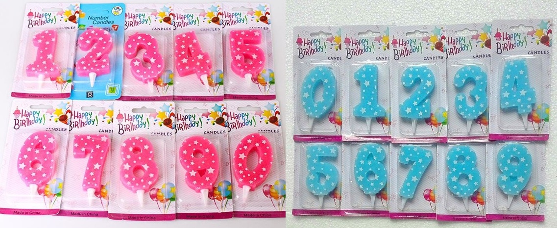 เทียนตัวเลขวันเกิดลายดาว มีสีชมพู/ฟ้า