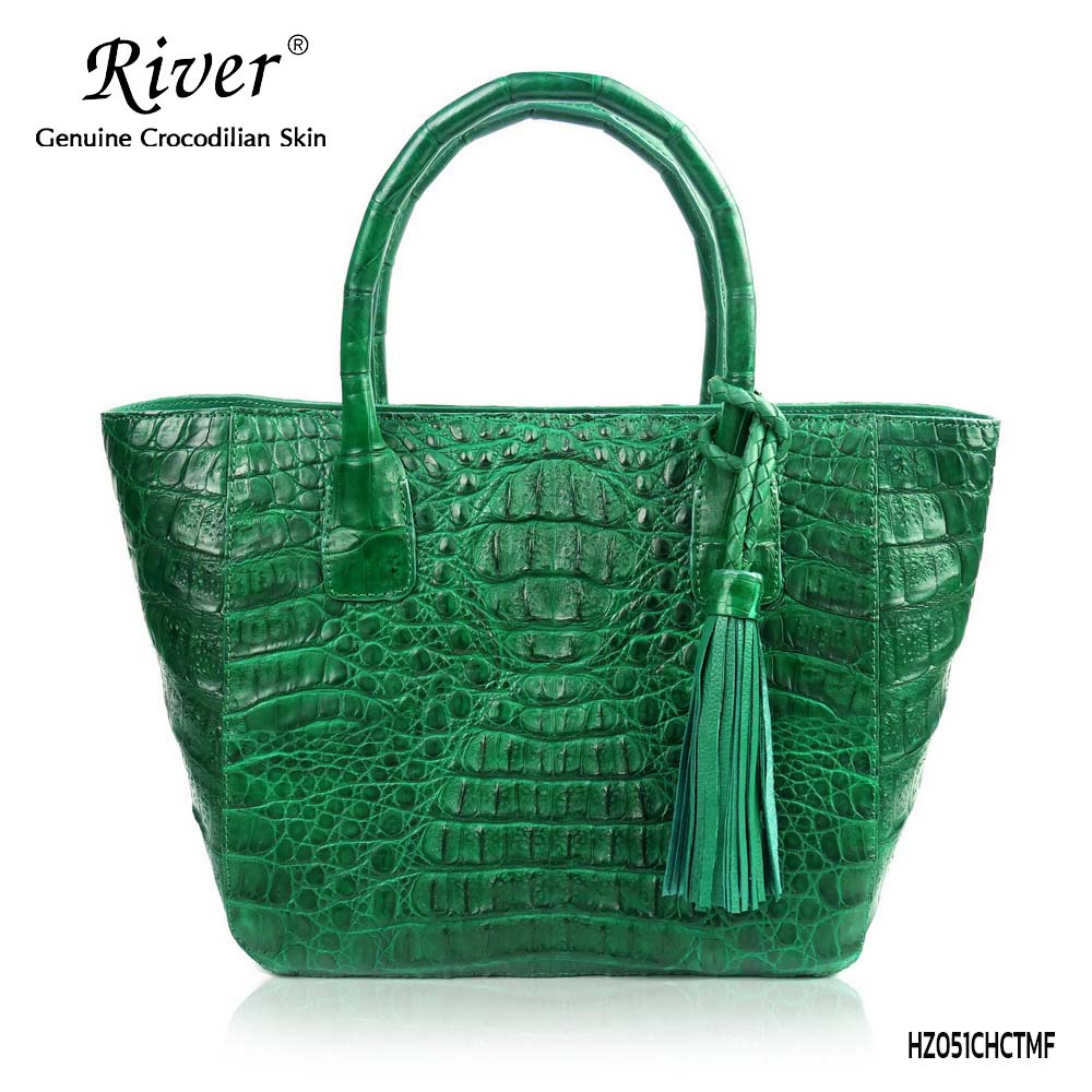 กระเป๋าถือหนังจระเข้แท้ ส่วนโหนก สีเขียน ใบใหญ่