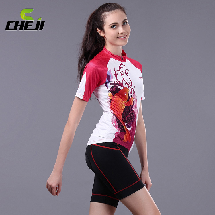 ชุดจักรยานผู้หญิงแขนสั้นขาสั้น CheJi 14 (08) สีขาวแดงลายปลาคราฟ