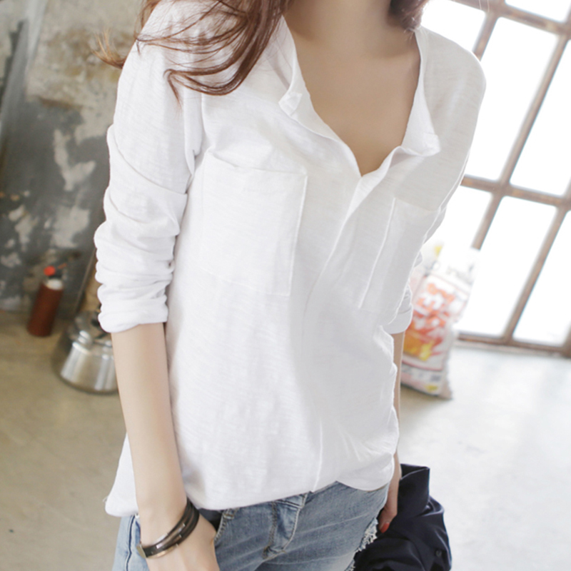 Autumn dress Korean bamboo slub cotton long sleeved T-shirt women's V collar - intl