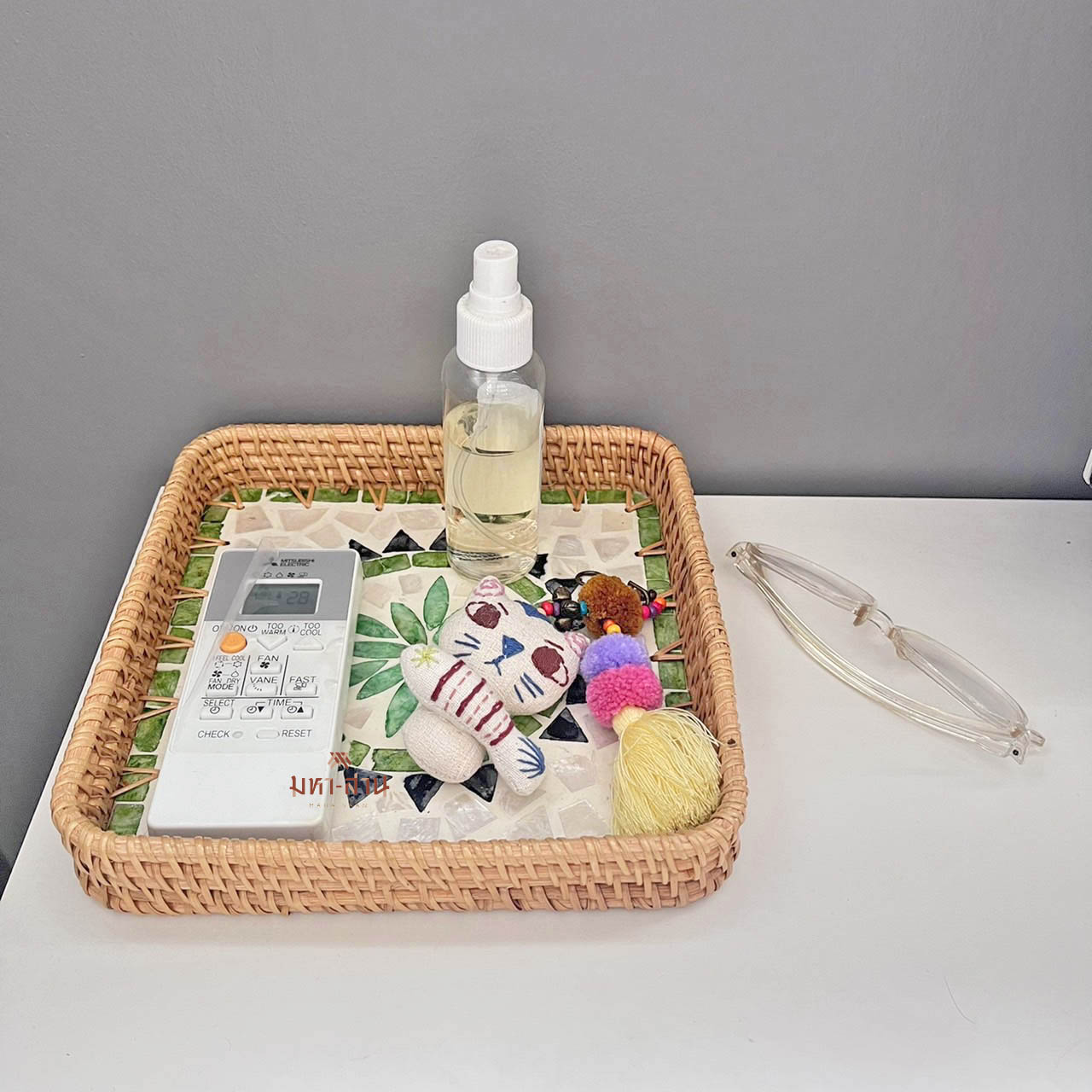 ถาดหวาย ถาดใส่อาหาร พร็อพถ่ายรูป rattan mosaic tray💚