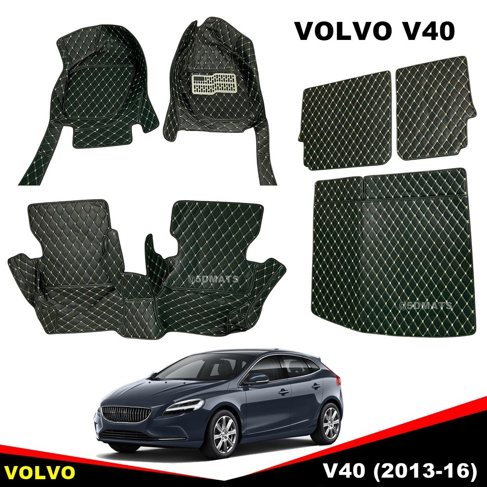 พรมปูพื้นรถยนต์6D VOLVO V40 (2013-16) พรม6D วอลโว่ วี40 สีดำด้ายครีม เข้ารูป เต็มคัน 6ชิ้น