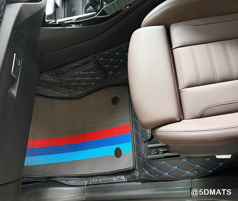 พรมปูพื้นรถยนต์ 7D BMW IX3 พรม7D บีเอ็มดับเบิลยู XPEแบบหนา เสริมใยดักฝุ่น สีดำด้ายฟ้า เข้ารูป เต็มคัน