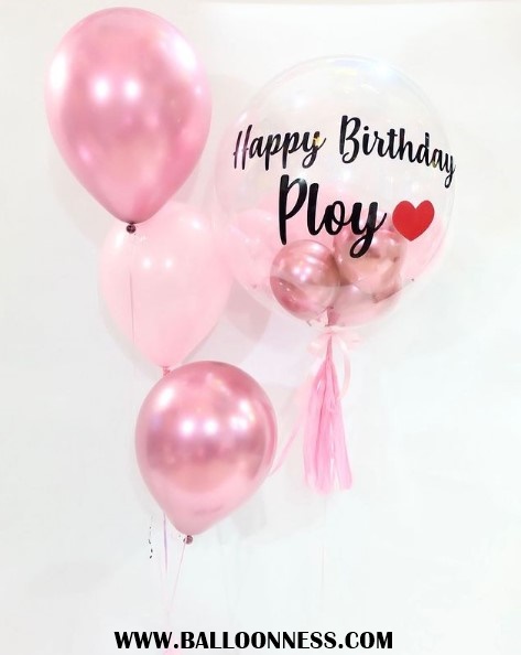 เซทลูกโป่งวันเกิดบับเบิ้ล โทนชมพู ขนาด24นิ้ว+ช่อ1ช่อ / Set Bubble Happy Birthday Pink 24-inch+1bunch