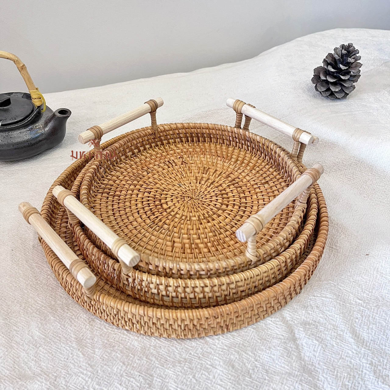 ถาดหวาย กระจาดสานหวาย ทรงกลม มีหูหิ้ว rattan tray🤎