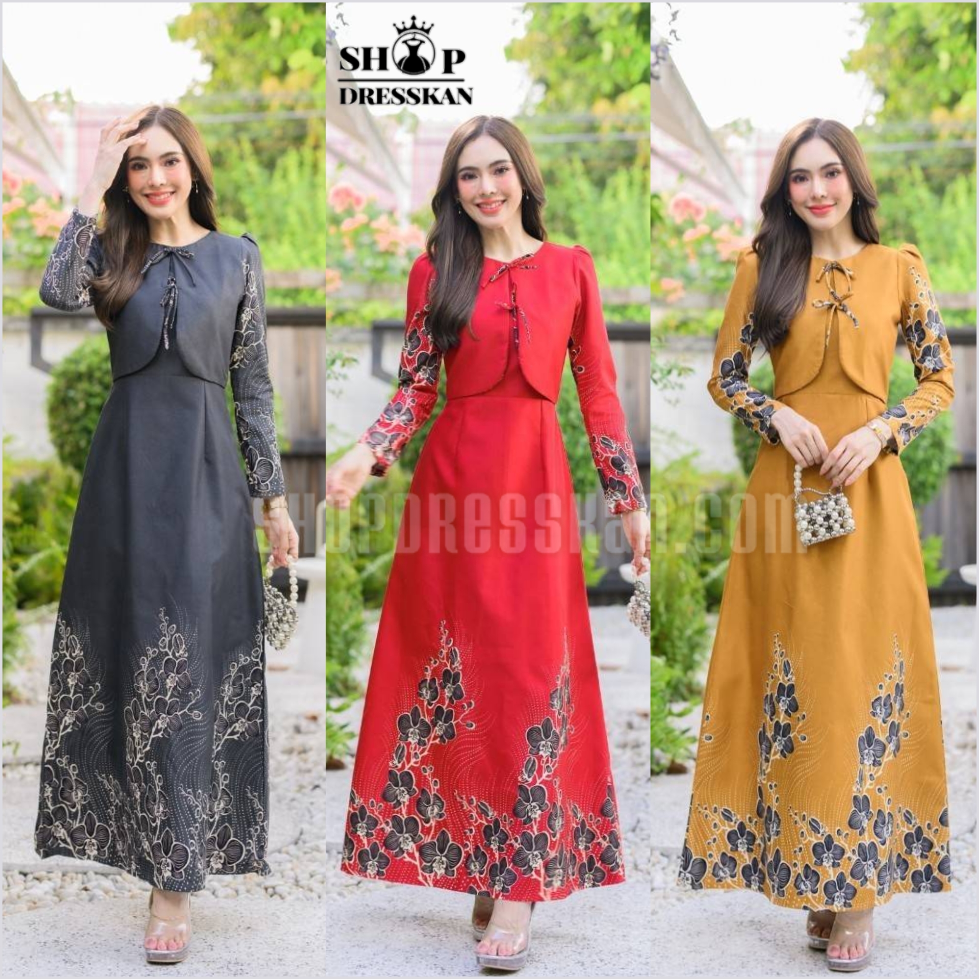 ✔️มีพร้อมส่ง⭐[ S-M-L-XL-2XL-3XL] :: ชุดเดรสยาวผ้าคอตตอนเนื้อนิ่มลายเชิงดอกไม่ แขนยาวใส่ซิป ตัดแต่งเสื้อสไตล์กั๊กหน้า ผูกโบว์2ชั้นน่ารัก กระโปรงทรงยาวบานสวย ซิปซ่อนหลัง งานอัดกาวทั้งชุด ใส่ออกงาน ใส่สวยได้หลายโอกาส
