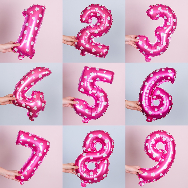 ลูกโป่งฟอยล์ตัวเลขขนาด14นิ้ว สีชมพูลายหัวใจ