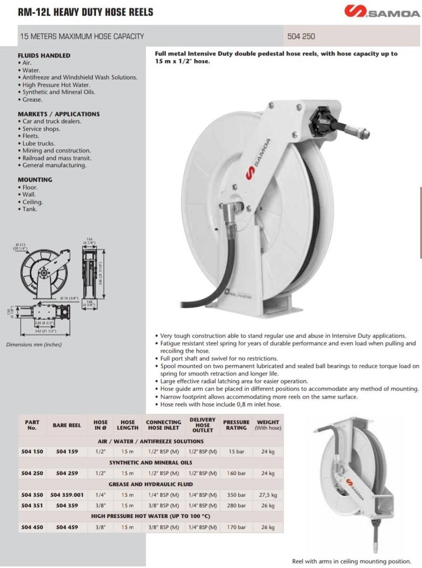 SAMOA รีลม้วนสาย Full metal Intensive Duty double pedestal hose reels, with hose capacity up to 15m x 1/2" hose.