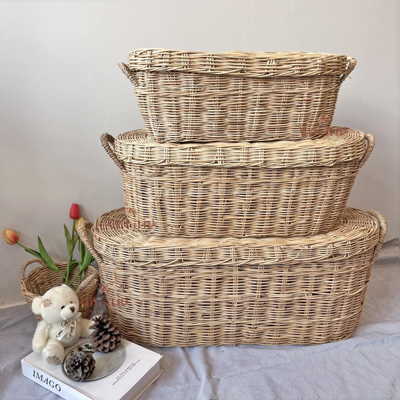 ตะกร้าหวาย ตะกร้าเก็บของ ตะกร้าผ้า ตะกร้าฝาปิด ตะกร้ามินิมอล 🤎🧸