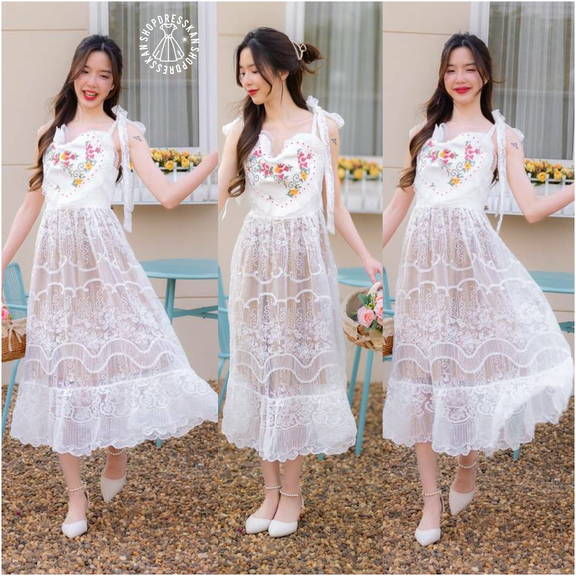 ✔️พร้อมส่ง :: ชุดเดรสแฟชั่นยาวงานป้ายคุณภาพ⭐[ S-M-L-XL ] ::ชุดเดรสยาวผ้าลูกไม้ฉลุเกรดดี สายเดี่ยวผูกโบว์ ดีเทลแต่งหัวใจระบายปักดอกไม้ กระโปรงทรงบานพริ้วสวย ซิปซ่อนหลัง บุซับใน ใส่ออกงาน ใส่สวยได้หลายโอกาส