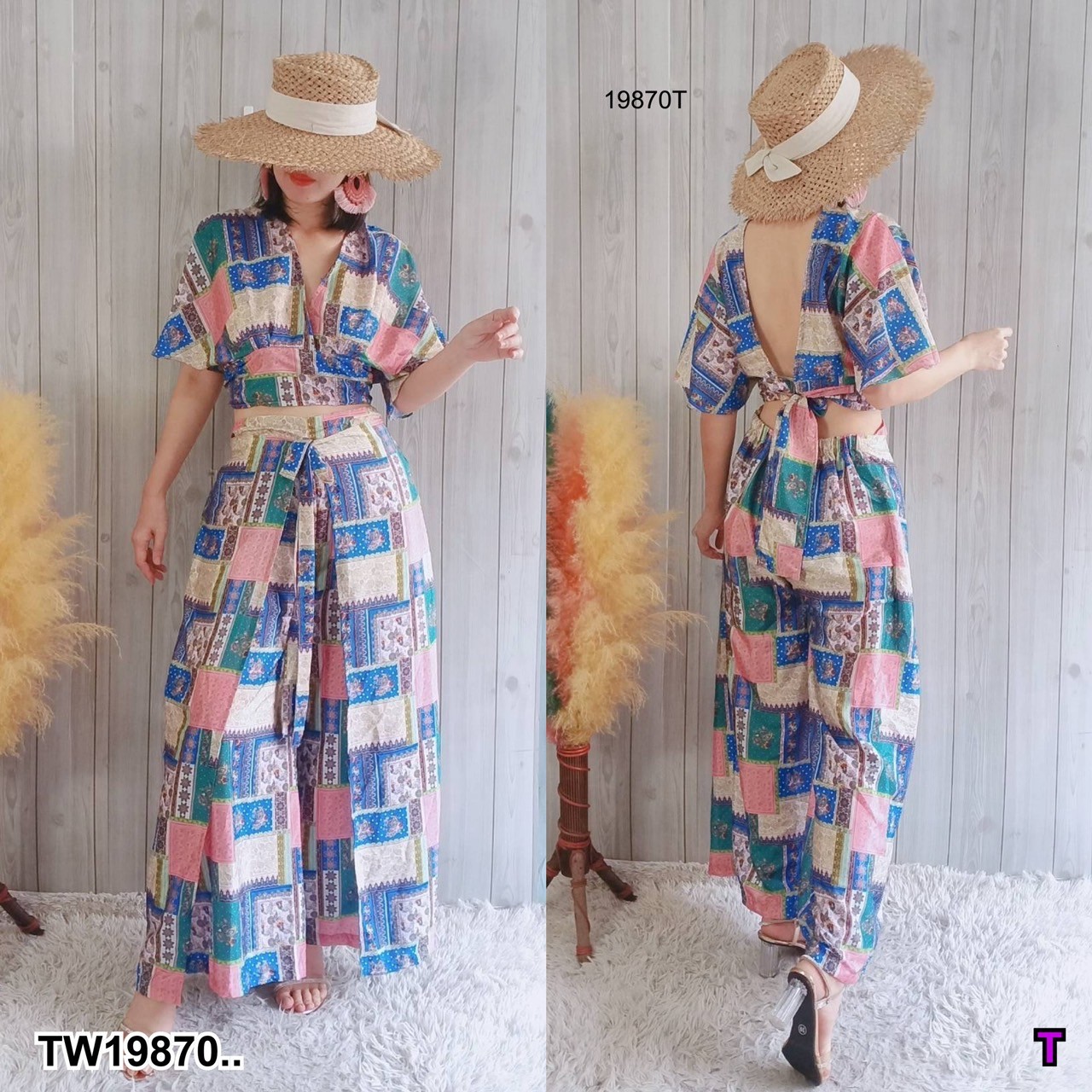 set2ชิ้น เสื้อครอปกับกางเกงผ้าไหมอินเดีย