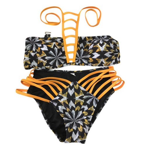 ชุดว่ายน้ำทูพีซ บิกินี่ผูกคอตั้งเส้นสีเหลือง