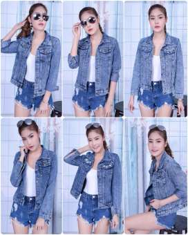 เสื้อยีนส์หญิง รุ่นใหม่ของเกาหลีขนาดใหญ่ยาวคาวบอย หญิงบางเสื้อแจ็คเก็ตสั้น