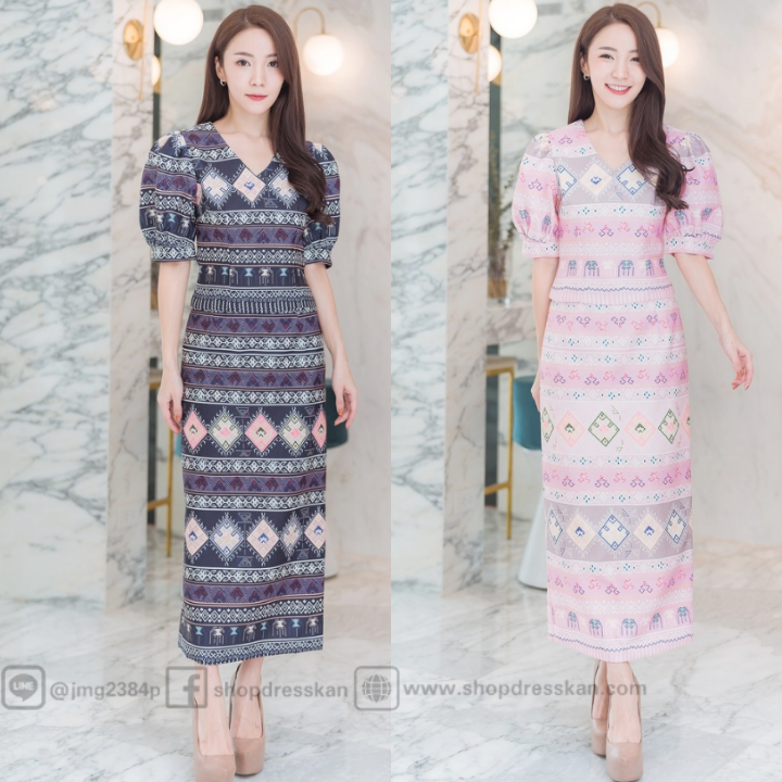 ❌หมดทุกสีทุกไซส์ค่ะ❌⭐ขุดเดรสผ้าไทยประยุกต์งานป้ายคุณภาพ[ S-M-L-XL-2XL-3XL ] :: เซ็ต 2 ชิ้น เสื้อวีแขนตุ๊กตา แมทเข้ากับกระโปรงยาวทรงสวยผ่าหลัง ผ้าลายไทยกราฟฟิค ผ้าเกรดดีพรีเมี่ยม ซิปหลัง ใส่สวยได้หลายโอกาส