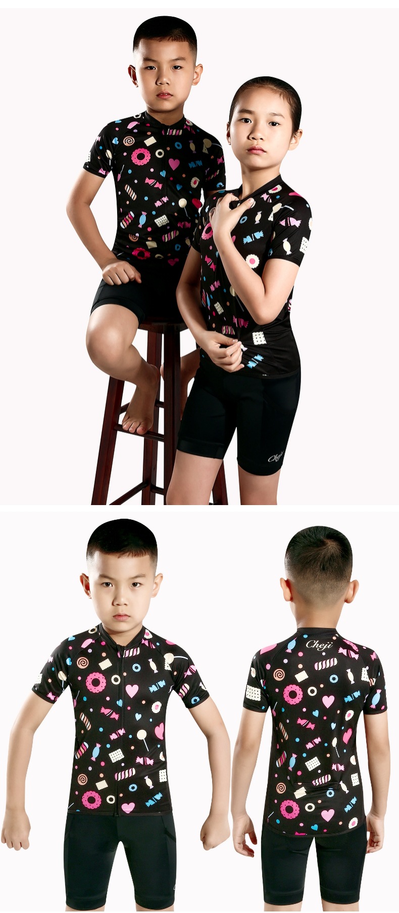 ชุดจักรยานเด็กแขนสั้นขาสั้น CheJi 19 (02) สีดำลาย