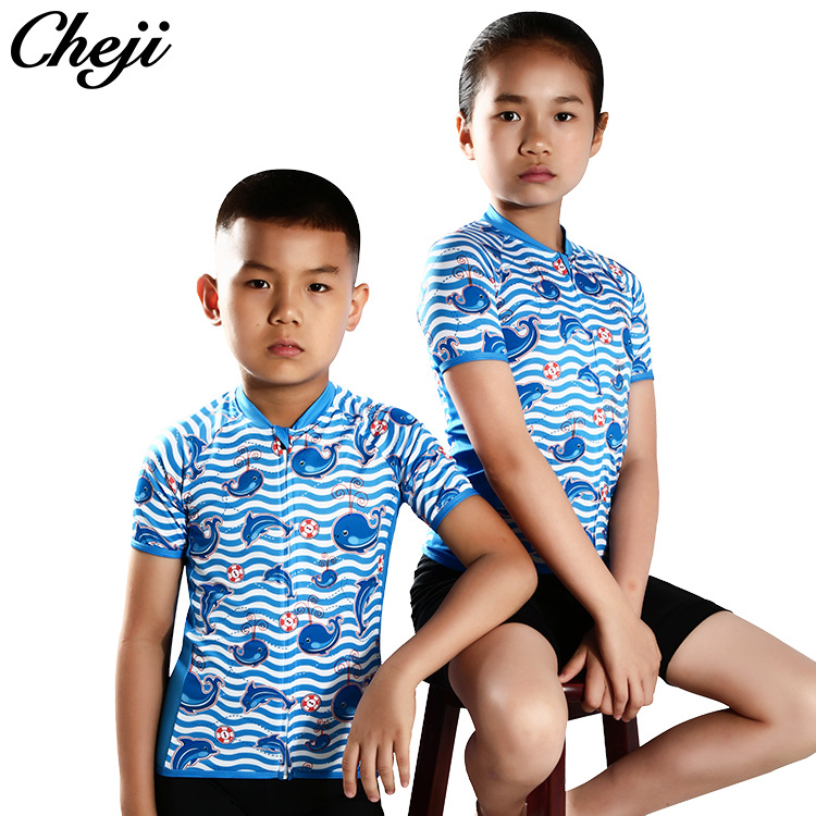 ชุดจักรยานเด็กแขนสั้นขาสั้น CheJi 19 (04) สีฟ้าลายวาฬ