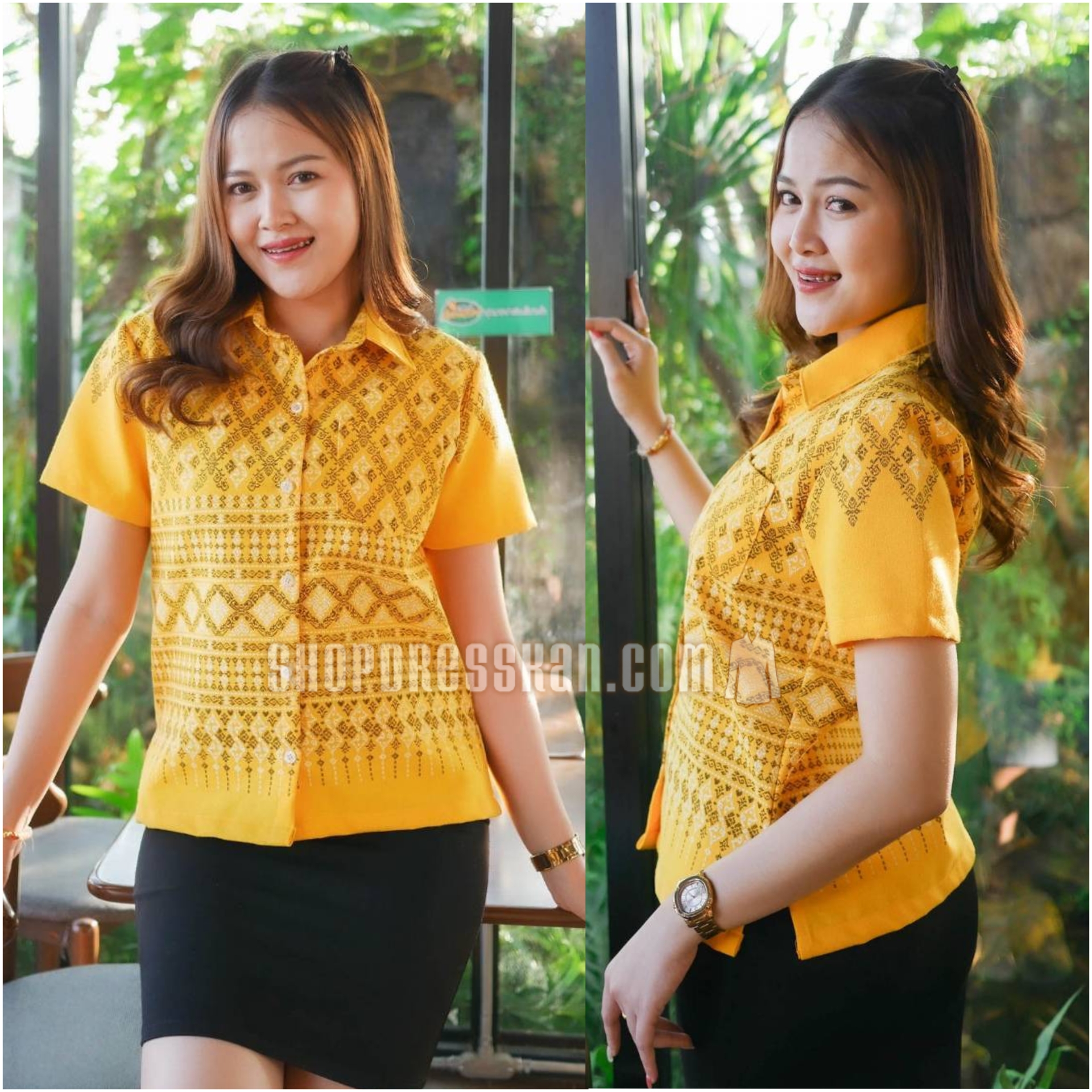❌หมดทุกไซส์ค่ะ❌ : [ S-M-L-XL-2XL-3XL ] :: เสื้อเชิร์ตผู้หญิง อัดกาวทั้งตัว ผ้าคอตตอนเนื้อดีพิมพ์ลายไทยขอ คอปกเชิร์ต กระดุมหน้า จะใส่แมทซ์กับกางเกงหรือกระโปรง สไตล์ไหนก็ดูดีลงตัว ใส่ทำงาน ใส่ออกงาน สวมใส่ได้ทุกโอกาส