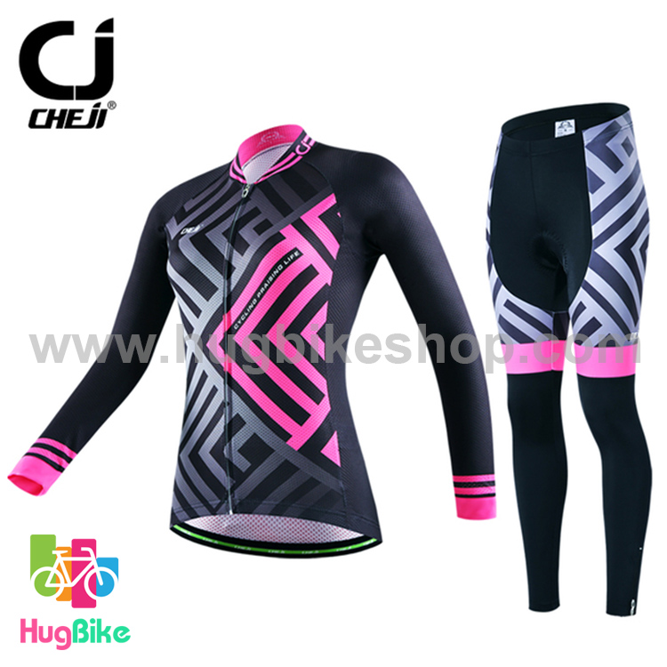ชุดจักรยานผู้หญิงแขนยาวขายาว CheJi 16 (10) สีดำลายเทาชมพู